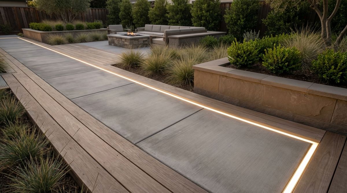 Recessed LED strips installed in concrete or decking to mark pathways without visible fixtures, creating a continuous line that guides movement while remaining subtle in a minimalist garden design.