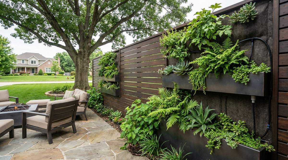 A modern garden fence panel with integrated planters creating a living wall, featuring lush green plants growing vertically on waterproof backing with proper drainage. The design combines structural fencing with a growing medium, suitable for sun-loving or shade-tolerant plants depending on exposure, with irrigation systems for consistent moisture to improve air quality and aesthetics.