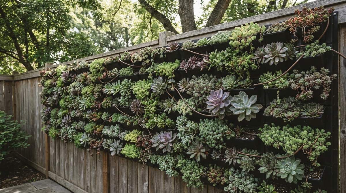 A modular living wall panel system installed on a blank fence or wall, featuring succulent plants with built-in irrigation. The vertical garden provides year-round color with minimal water requirements, creating a tapestry effect with mixed plant varieties in a shaded outdoor setting.