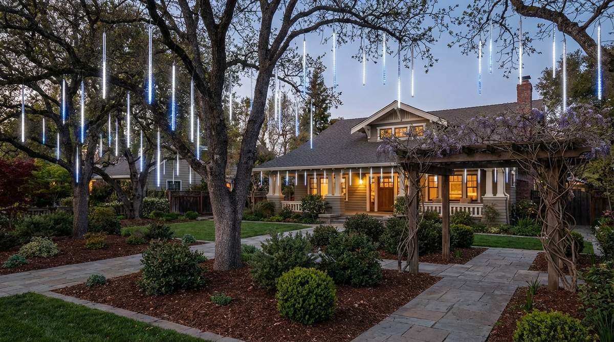 Cascading LED light tubes creating animated falling-light effects for outdoor Christmas decor, resembling meteor showers or snowfall when suspended from trees or eaves.