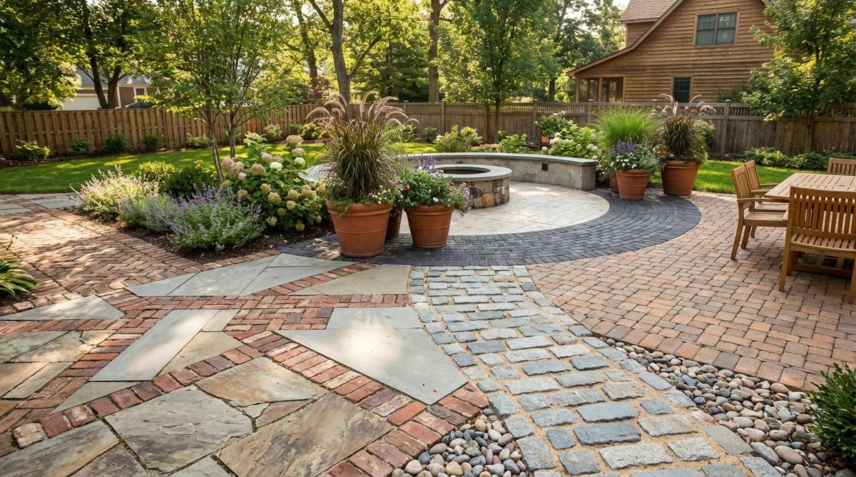 An image showcasing mixed material pavers combining stone, brick, and concrete in custom patterns, used for outdoor decorations to add texture and complexity to floor planes, with examples of installation in sand or mortar and contrasting colors for zoning.