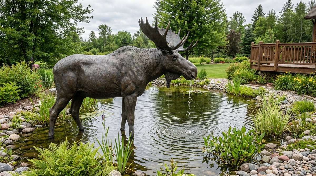 A large moose sculpture with water dripping from its muzzle, depicting aquatic feeding behavior, ideal for placement near water features or wetland plants in northern gardens.