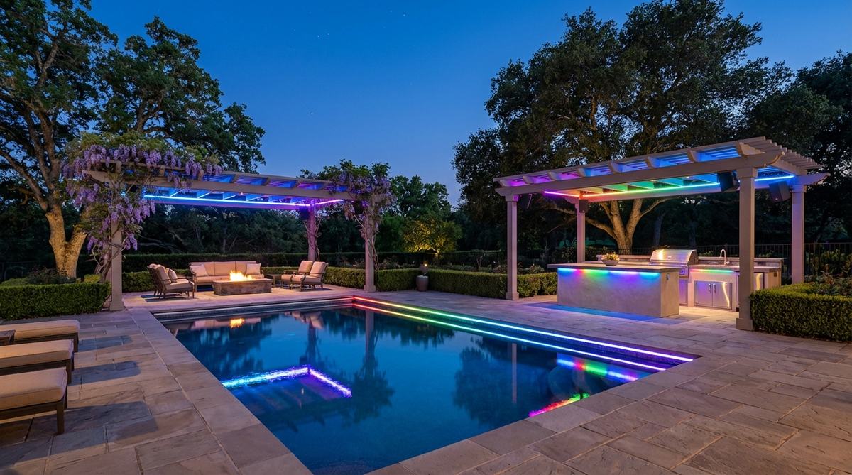 LED strip lights with music synchronization feature that pulse and change colors in response to sound, perfect for outdoor entertainment areas like pool sides, kitchens, and pergolas.