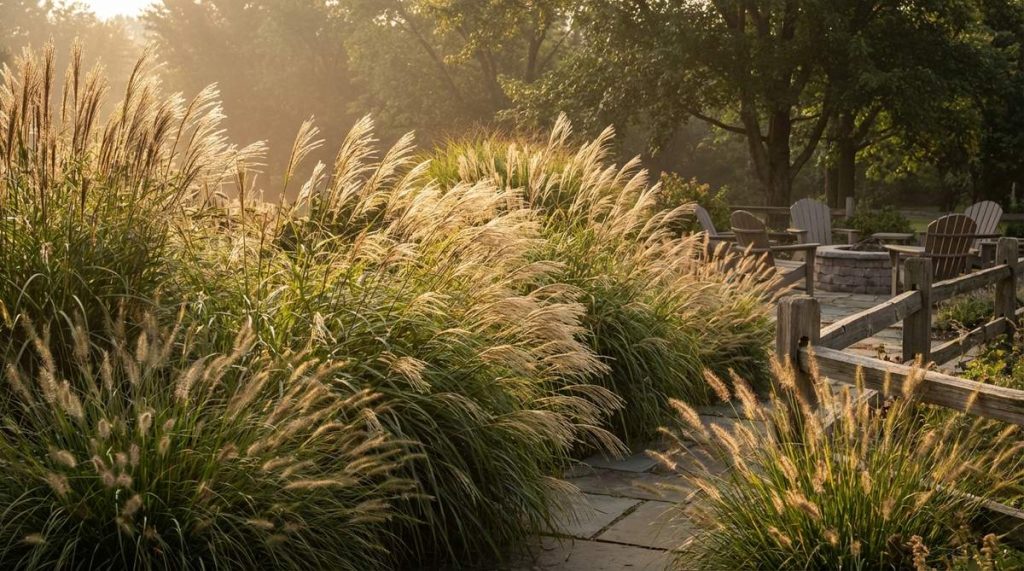 Ornamental grasses swaying in the wind, creating dynamic movement and kinetic interest in a garden setting. The foliage rustles softly, adding subtle sound to the landscape. During sunrise or sunset, the grasses are beautifully backlit, glowing with natural atmospheric lighting without any electrical installation required.