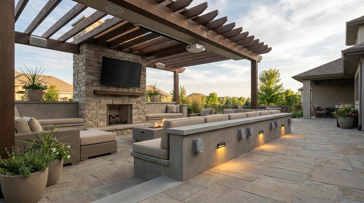 A modern outdoor entertainment zone featuring weather-resistant televisions, sound systems, and projectors integrated into a patio setting. The image showcases dedicated electrical circuits with GFCI-protected outlets spaced along seating walls for device charging and accent lighting, highlighting safety and functionality in a contemporary garden design.