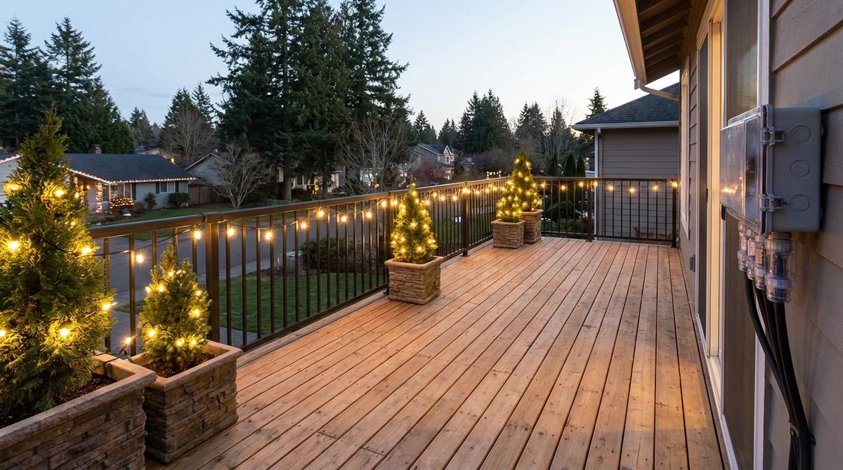 Commercial-grade LED light systems with sealed connections and weather-resistant wiring, designed for outdoor balcony Christmas decor. Features IP65 or higher water resistance rating, minimal power consumption, and low heat generation for safe holiday lighting.