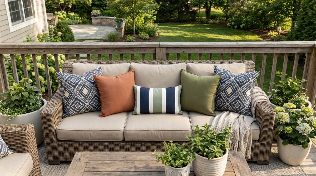 A collection of solution-dyed acrylic outdoor throw pillows in coordinating colors and patterns, arranged on a balcony sofa. Includes 18-inch and 20-inch square pillows plus a 12x20-inch lumbar pillow, demonstrating how to mix solids, stripes, and geometric patterns for balcony seating.