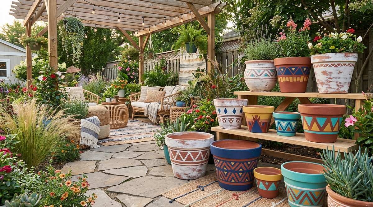 Colorful painted terracotta pots with bold patterns and Mediterranean whitewash designs, arranged as artistic containers in a boho garden setting. Shows acrylic or chalk painted surfaces sealed with outdoor polyurethane for weather resistance, featuring cohesive color schemes and eclectic maximalist styles.
