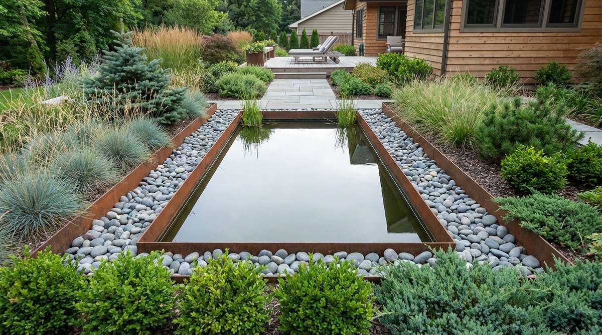 A modern garden pond surrounded by smooth pebbles in a structured layout, featuring geometric edges softened by organic stone textures. The design includes concrete or steel borders flush with the pebble surface to prevent migration, with hardy grasses and low shrubs in surrounding borders for year-round visual interest.