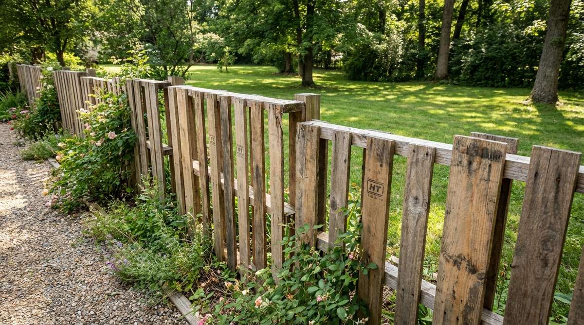 A rustic reclaimed pallet wood fence made from disassembled shipping pallets, showing weathered boards with varied widths and natural aging that creates authentic character for cottage gardens. The fence demonstrates a budget-friendly DIY option using heat-treated pallets for safe garden use, with rough surfaces that can be sanded for safety. Perfect for temporary installations or rental properties where minimal material investment is desired.