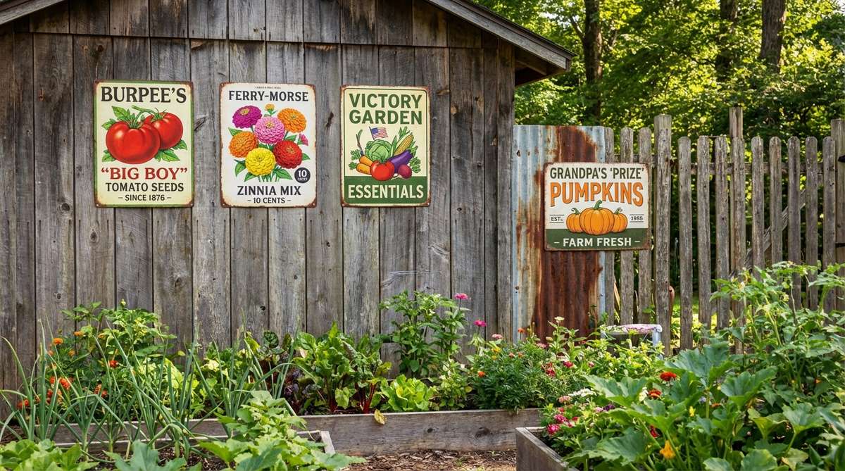 A collection of reproduction vintage garden signs featuring seed packets, vegetable crate labels, and garden product advertisements from the 1940s to 1950s, with colorful graphics and nostalgic typography, ideal for mounting on shed walls, fences, or stakes in vegetable gardens to enhance historical garden themes.