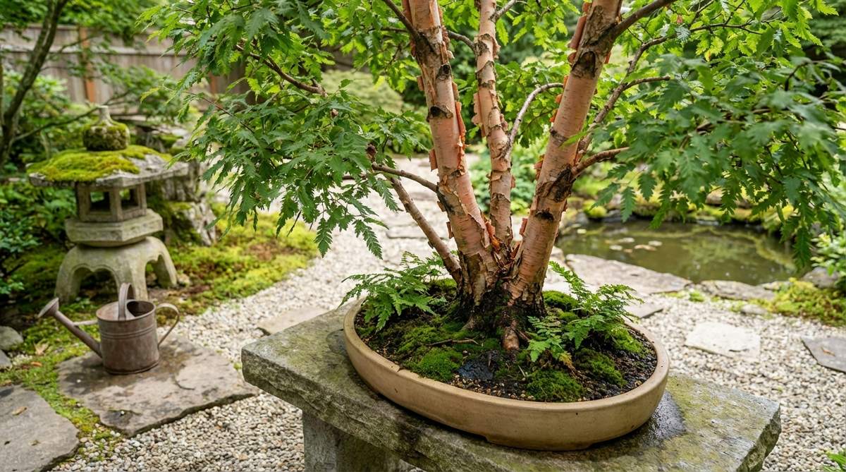 A bonsai composition featuring River Birch (Betula nigra) with its distinctive peeling salmon-pink bark, showcasing a natural multi-trunked growth ideal for clump-style arrangements without grafting. This image highlights the species' suitability for humid climates and its higher water requirements compared to drought-tolerant bonsai trees, emphasizing the need for careful soil moisture monitoring in Japanese garden settings.