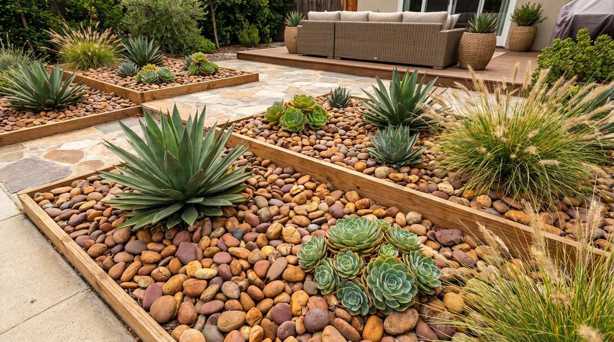 Smooth river rocks in rust, ochre, and brown shades used as natural mulch in afro boho decor, creating attractive ground cover around succulents and ornamental grasses while suppressing weeds and adding subtle texture.