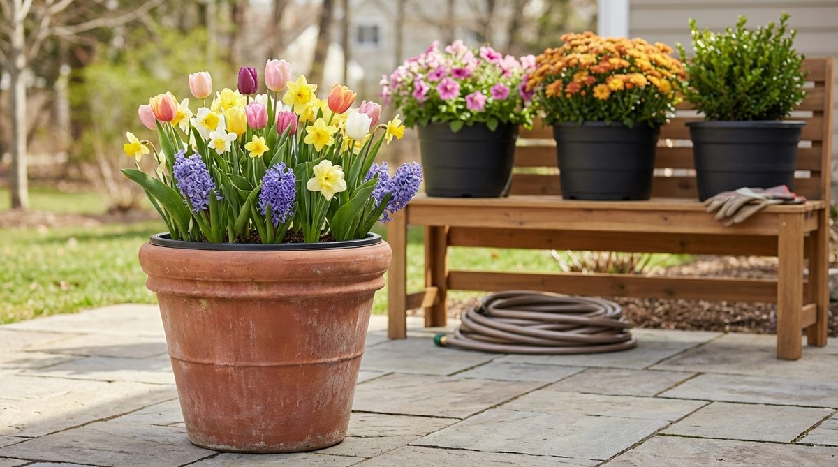 A decorative garden container featuring interchangeable pre-planted liners, showcasing seasonal plants like spring bulbs, summer annuals, fall mums, and winter evergreens for easy garden decoration updates.