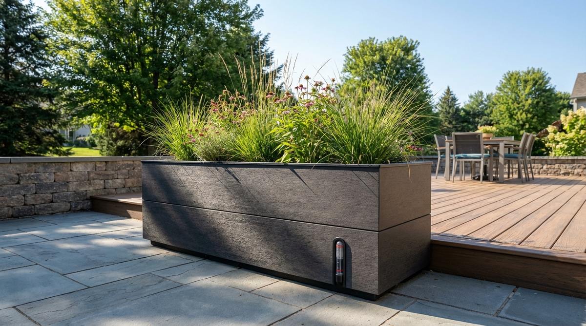 A modern outdoor planter with a self-watering reservoir system, featuring double-wall construction and water level indicators for efficient plant care.