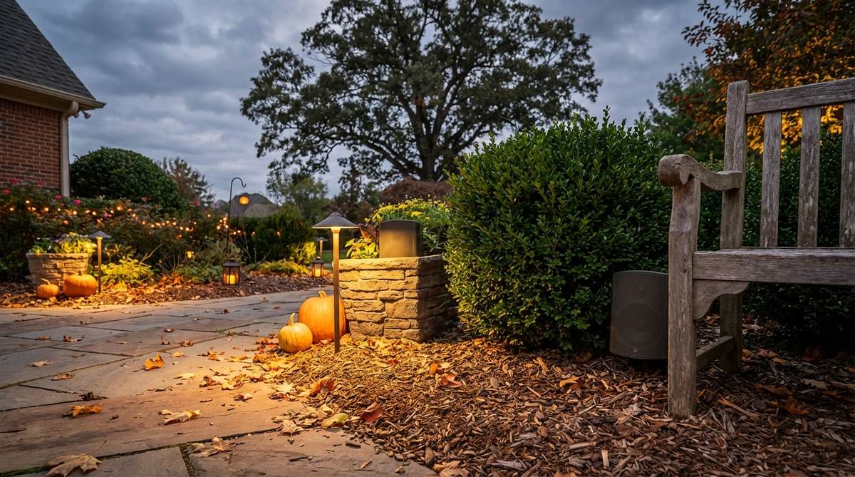 A sophisticated outdoor Halloween decor featuring a garden with hidden weather-rated speakers creating an immersive soundscape. The image shows speakers discreetly placed behind shrubs and within decorative elements like planters and benches, with subtle lighting enhancing the atmospheric effect of rustling leaves, distant thunder, or ambient music.