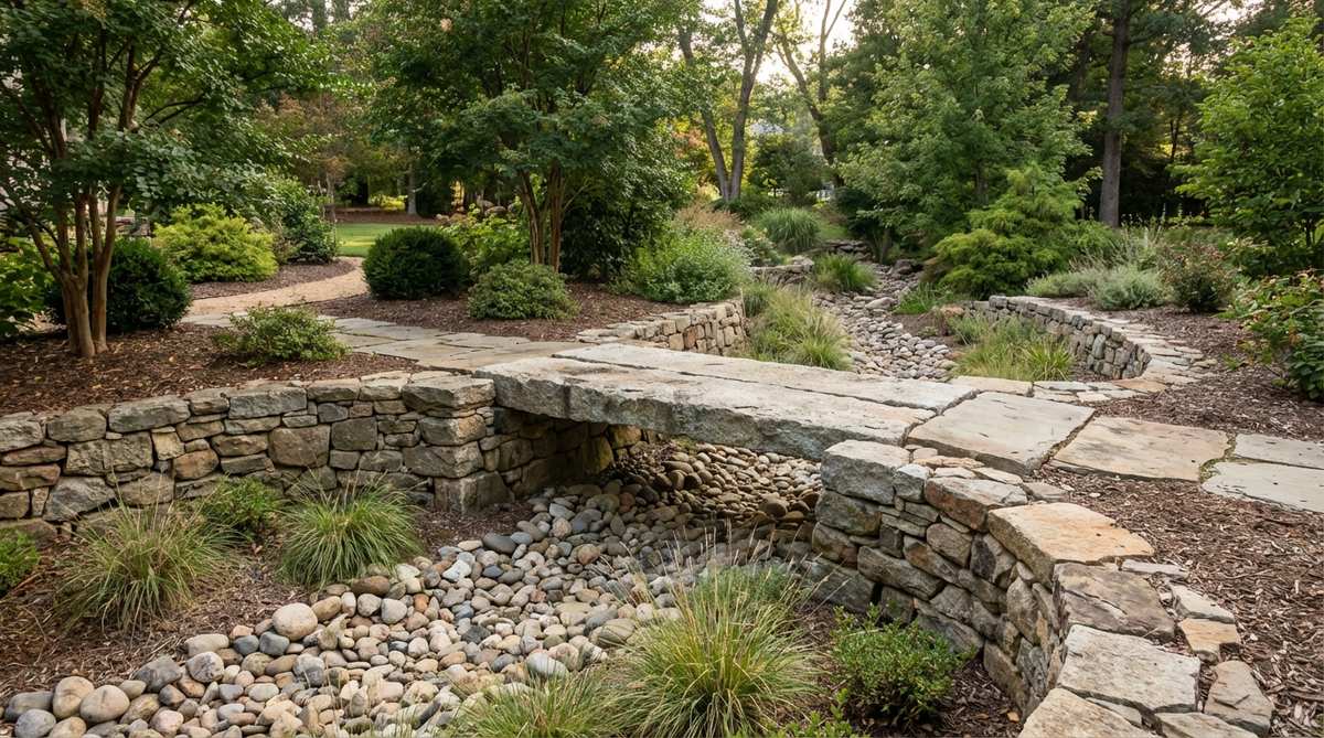 A stone slab bridge crossing a dry creek bed in a garden, showcasing a romantic garden element with large stone slabs providing a simple crossing over a shallow water feature, demonstrating proper construction with stable abutments on both banks for safety and scenic viewing opportunities.