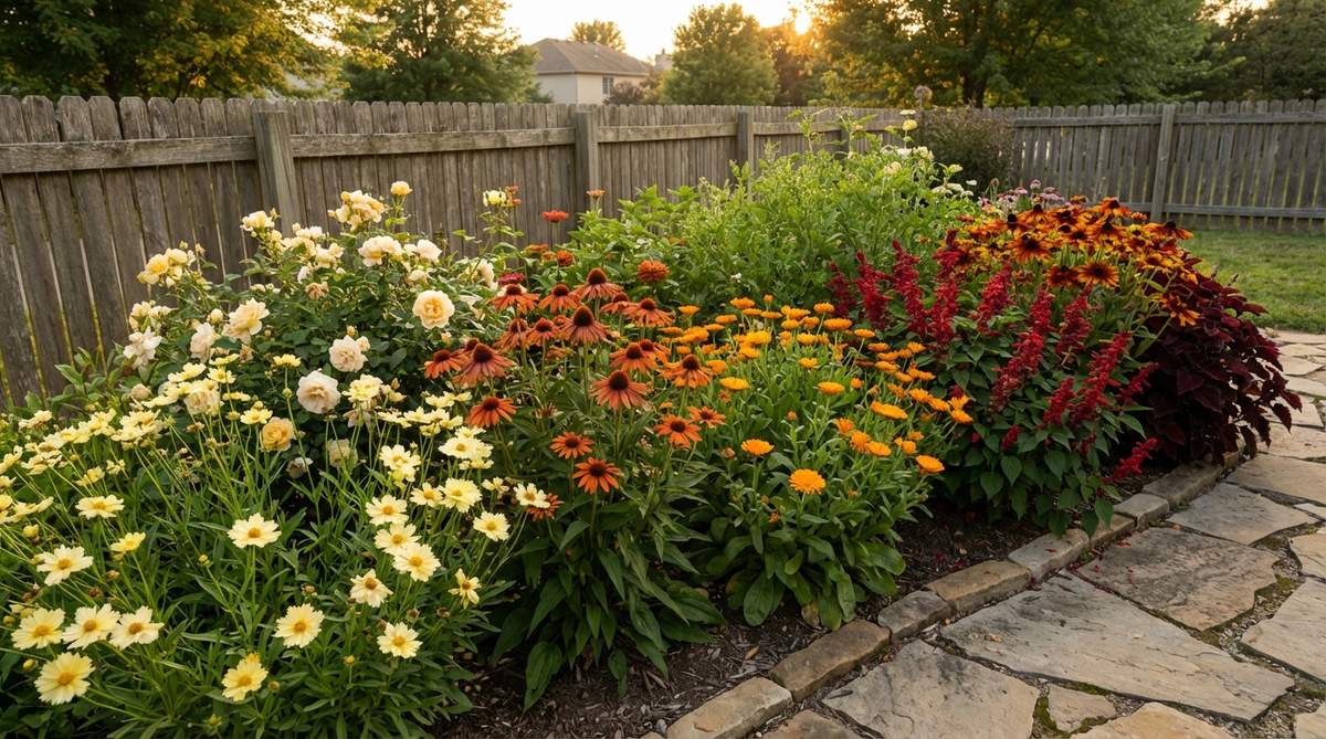 A garden border showcasing sunset gradient planting with colors transitioning from pale yellow through orange to deep red, mimicking evening sky progressions. The gradual color shift creates dynamic visual flow and sophisticated chromatic sequences in cottage garden design.