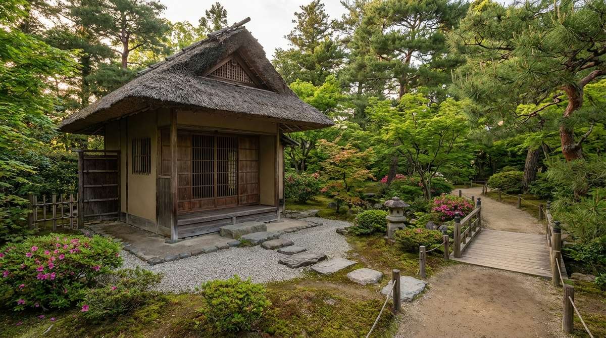 A rustic tea house pavilion in a Japanese garden, featuring traditional architecture with low doors and simple design, located at the end of winding paths for tea ceremony rituals.