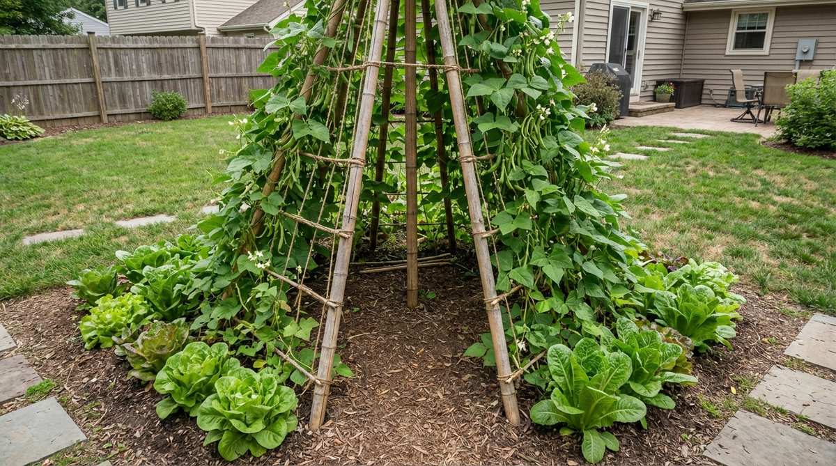 A conical teepee structure made of bamboo poles, supporting pole beans or climbing peas in a small garden. The vertical design adds architectural interest and maximizes yield from minimal ground space, with low-growing crops like lettuce planted in the shaded areas between teepees. The open interior allows easy harvesting and creates an engaging space for children and families.