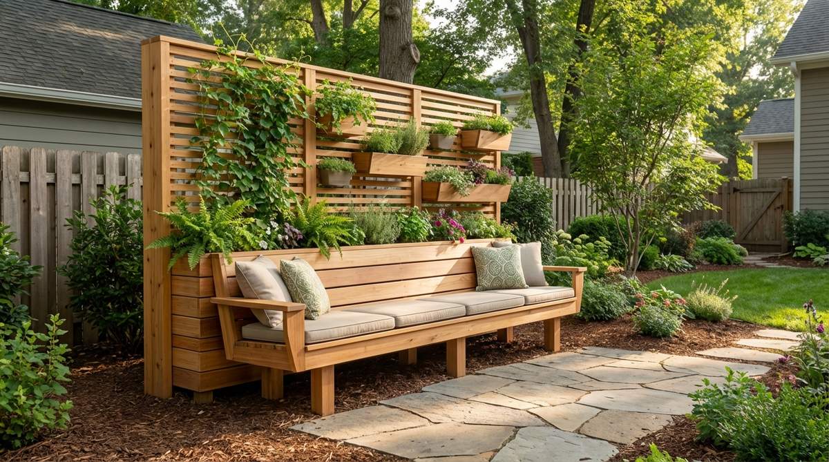 A modern garden furniture piece featuring built-in seating integrated with a vertical planting system. The ergonomic bench provides comfortable seating while the wall behind supports climbing plants or pocket planters. This cedar construction maximizes limited ground space through vertical expansion and combines furniture with garden architecture.