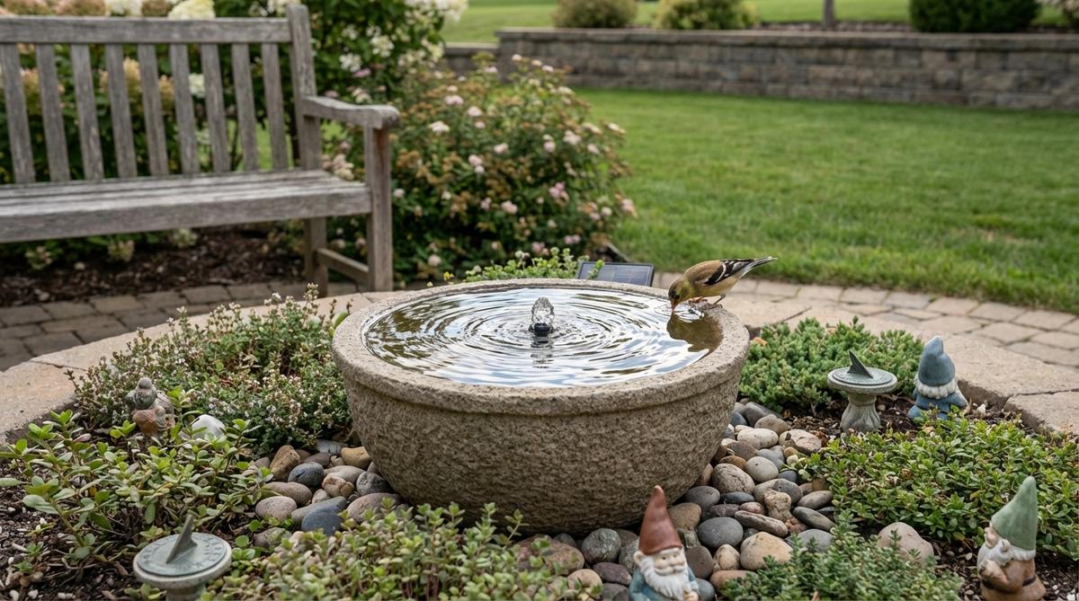 A small solar-powered fountain in a miniature garden, with reflective water surface and decorative elements, attracting birds while providing soothing sound.