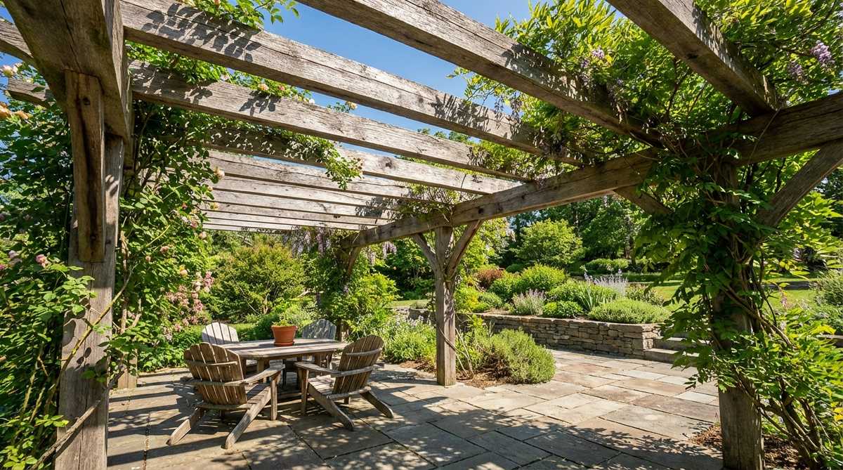 A rustic garden pergola with weathered cedar rafters creating partial shade and supporting climbing plants, showcasing natural wood patina and shadow patterns.