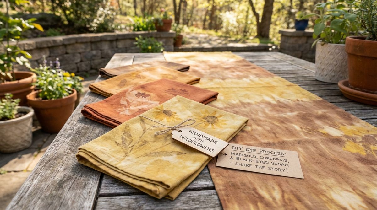 A close-up photo of cotton or linen napkins and table runners dyed with natural wildflower extracts, showcasing earthy tones from marigolds, coreopsis, or black-eyed Susans, perfect for boho wedding decor. The image highlights the unique, handmade textiles created through a DIY dyeing process, with details that can be shared with guests to enhance the rustic and personalized theme.