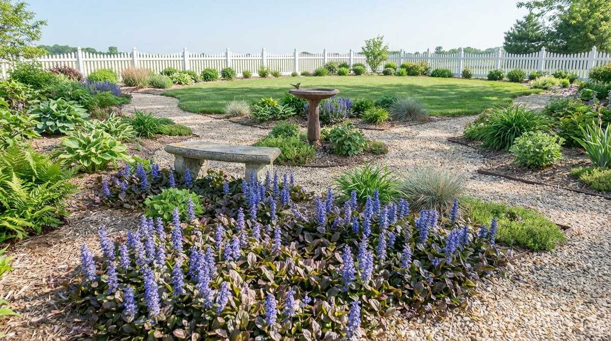 Ajuga bugleweed groundcover plant with glossy bronze-purple foliage and blue flower spikes in spring, ideal for shady garden areas and erosion control.