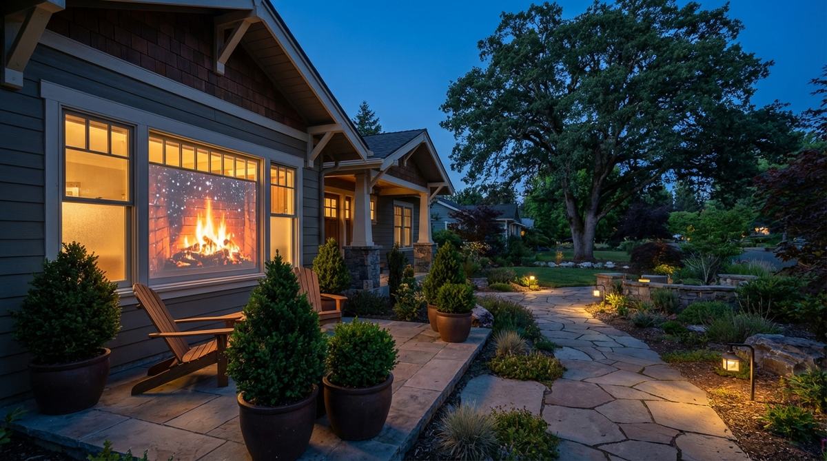 A digital projection of animated holiday scenes, such as a crackling fireplace or falling snow, displayed on an interior window to enhance garden designs with dynamic, space-saving decorations visible from outdoors.