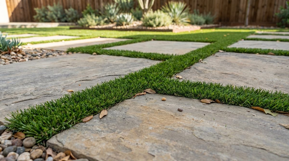 A close-up photo showing synthetic grass strips neatly installed in the joints between concrete or stone pavers. The artificial turf creates a soft green infill that contrasts with the hardscape materials, demonstrating a low-maintenance landscaping solution that requires no mowing or watering.