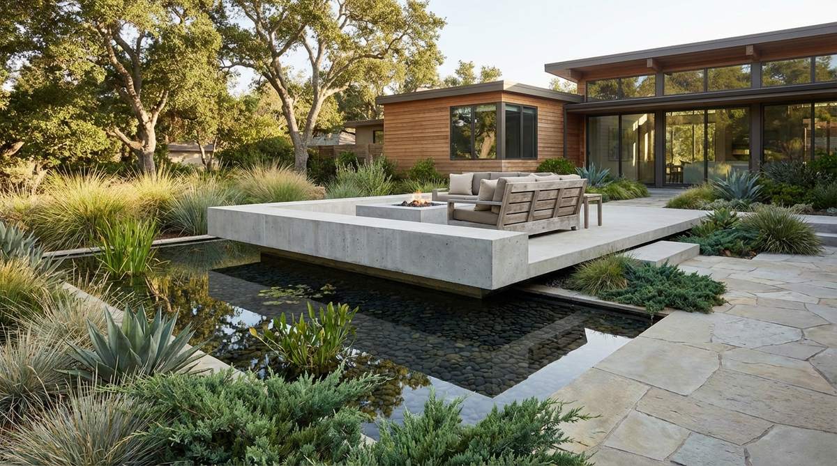 A modern garden design featuring a cantilevered concrete platform extending over a water feature, creating a dramatic floating effect with clean lines and structural integrity.