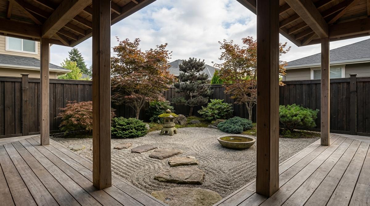 A serene zen garden designed to be viewed from a surrounding porch or deck, featuring architectural framing and strategically placed trees, ideal for small yards and maintained as a pristine art piece.