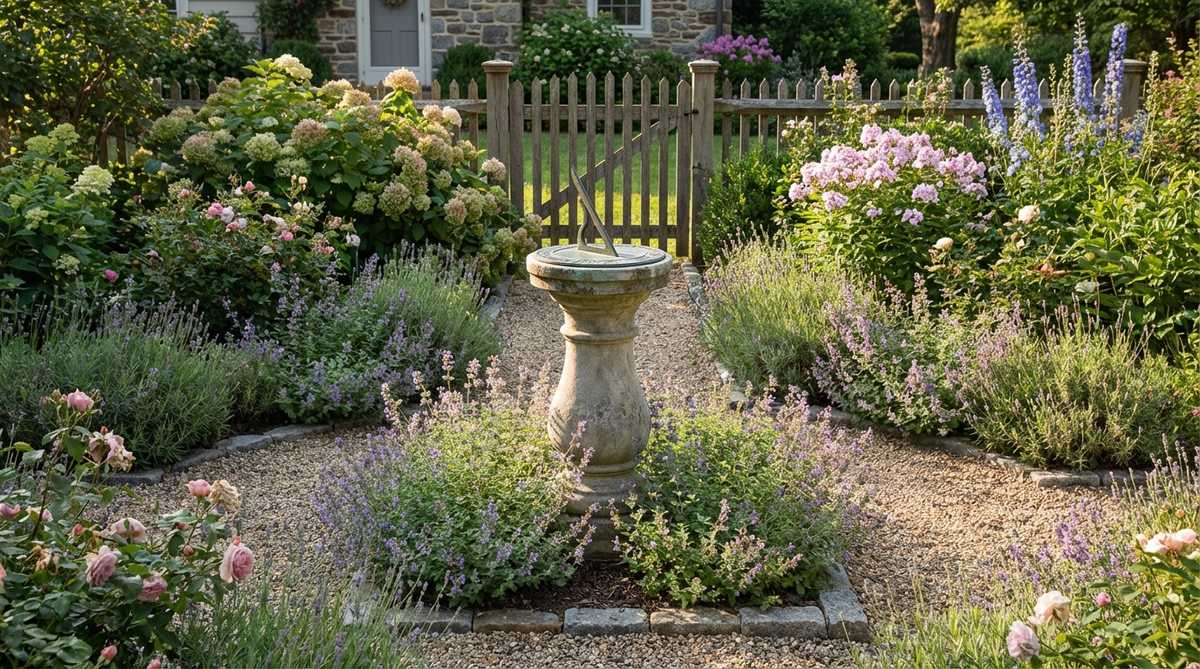A traditional stone or bronze sundial positioned on a pedestal at a path intersection in a cottage garden, serving as a classical focal point and functional timepiece. The vertical element draws the eye while being surrounded by low plantings that soften its hard edges, creating a formal accent within an informal garden setting.