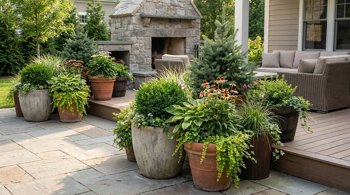 A contemporary garden scene featuring large container groupings on a patio or deck, with containers 20-30 inches in diameter planted with evergreen shrubs, seasonal perennials, and trailing plants for a layered, year-round display.