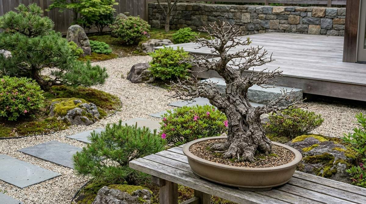 A Japanese garden bonsai featuring Cork Bark Elm (Ulmus parvifolia 'Corticosa') with distinctive deeply fissured corky bark that develops rapidly on young trunks, eliminating long waits for an aged appearance. This cultivar maintains the cultural ease of Chinese elm while showcasing intensifying bark texture that deepens with each year.