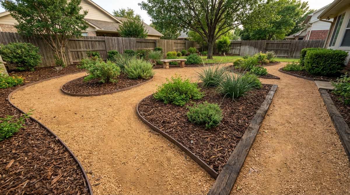 A gravel garden design showing decomposed granite pathways alongside wood chip mulch beds, demonstrating textural contrast between inorganic and organic materials. The image illustrates proper installation with permanent edging separating the materials, mulch at 3-inch depth in planting areas supporting shrubs, and granite at 2-3 inch depth in pathways for circulation. This sustainable landscaping approach combines the long-term stability of decomposed granite with the soil-enhancing properties of organic mulch.