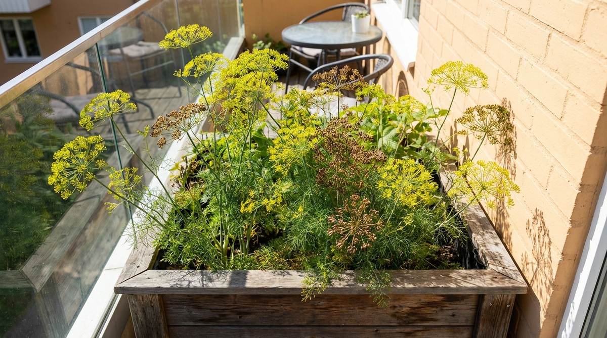 A close-up photo of dill (Anethum graveolens) growing in a deep container on a sunny balcony. The image shows the plant's feathery green foliage and umbrella-shaped yellow flower heads, with mature seeds visible. The container is at least 12 inches deep to accommodate the taproot, and the plant is positioned in full sun with protection from wind, illustrating ideal balcony garden conditions for harvesting both leaves and seeds.