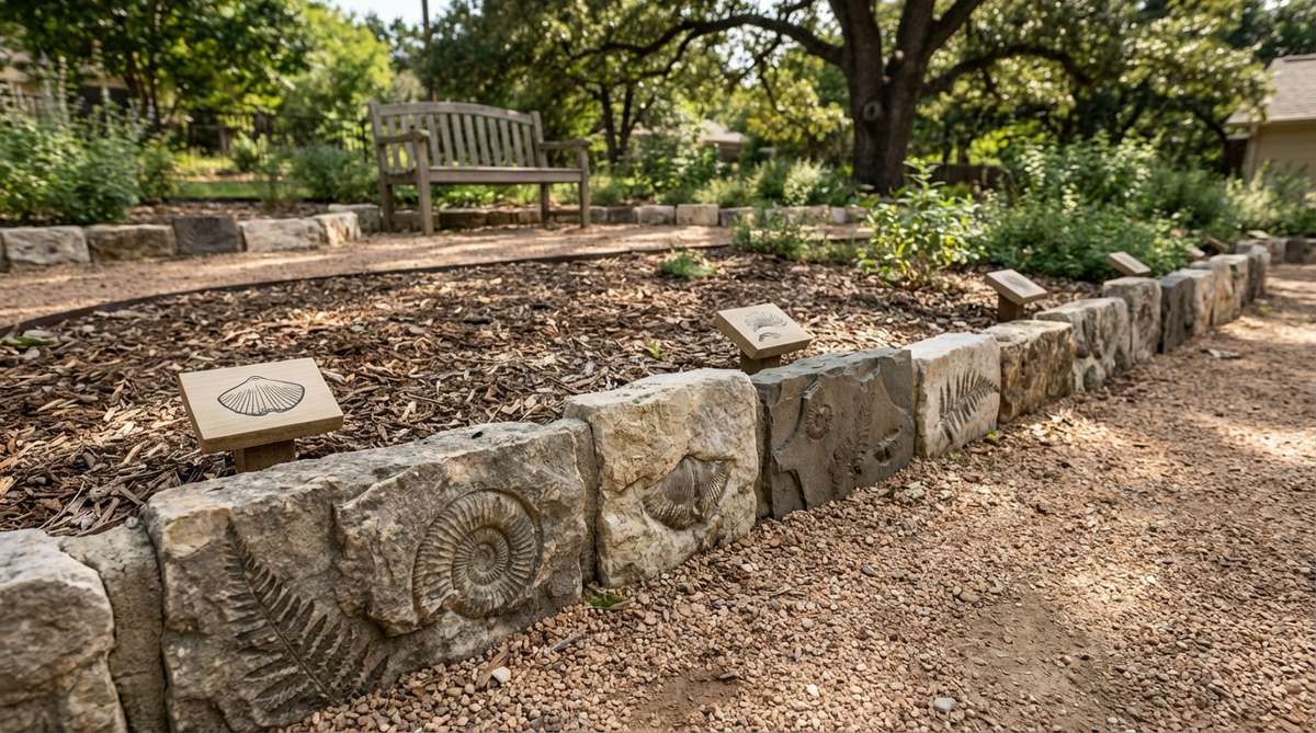 A close-up view of limestone or shale garden edging with visible fossil imprints, positioned to create an educational border that sparks curiosity in geology and paleontology for children.