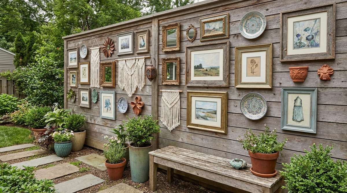 An eclectic boho gallery wall featuring framed art, mirrors, woven pieces, plates, and three-dimensional objects arranged in an asymmetric composition with diverse frame styles and materials.