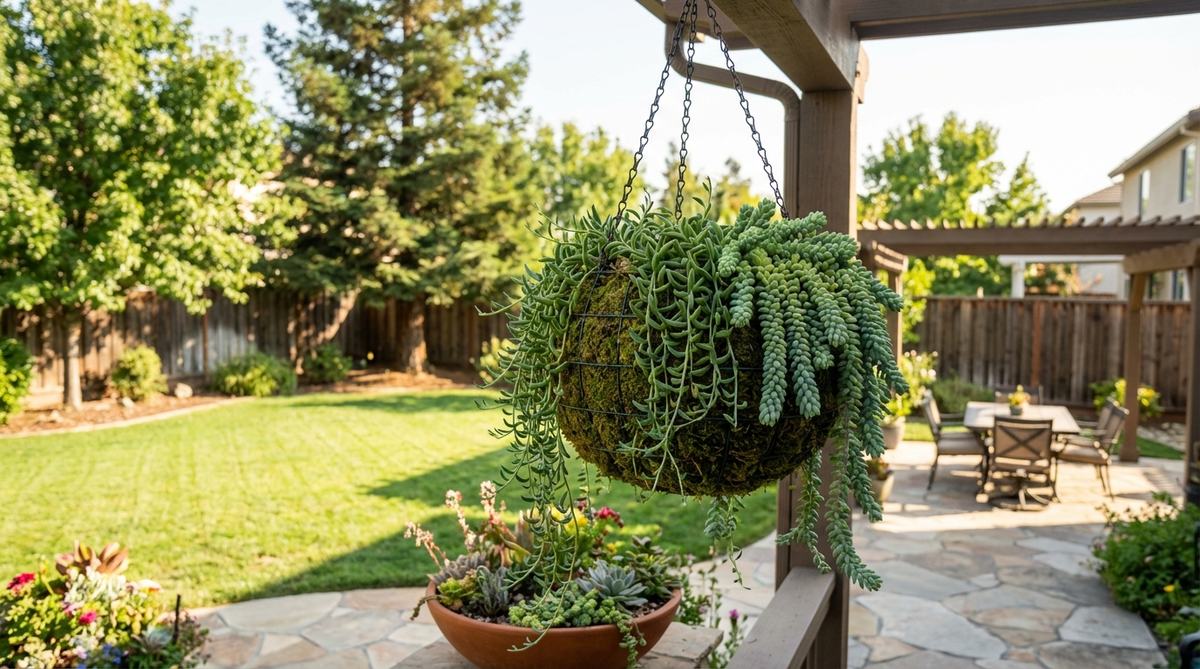 A wire sphere frame lined with sphagnum moss, planted with succulents like string of bananas or burro's tail to create a three-dimensional living sculpture. Ideal for balcony decor, this hanging succulent sphere features cascading growth and requires root establishment before hanging and periodic rotation for even sun exposure.