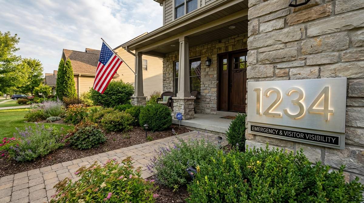An image showcasing oversized, well-lit house number displays mounted on a porch wall, designed to enhance visibility for emergency services and visitors, with options for illuminated or reflective numbers in modern or traditional fonts to complement architectural styles.