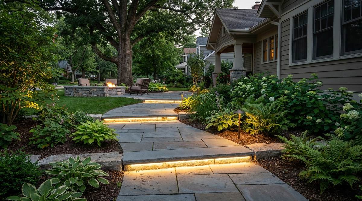 An illuminated stone pathway in a garden setting, featuring integrated LED lighting beneath stone edges or between pavers that highlights the texture of the stonework and provides safety for evening navigation. The warm white light enhances the natural colors of the stone, creating a beautiful focal point that extends garden enjoyment into the night.