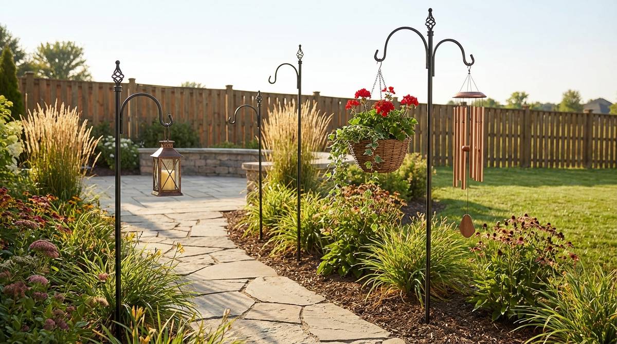 Decorative iron shepherd hooks with single or double arms, available in heights from 48 to 72 inches. Perfect for hanging lanterns, baskets, and wind chimes in garden beds or along pathways. Features decorative finials on straight or curved staffs for easy installation without permanent structures.