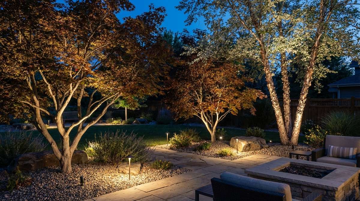 A modern garden scene showcasing LED uplighting for specimens, with ground-mounted fixtures illuminating tree canopies to create dramatic silhouettes and emphasize branching structure. The warm white LEDs highlight distinctive bark and branch patterns, such as on Japanese maples and birches, without harsh blue tones, enhancing the garden's nighttime aesthetic while avoiding light pollution.
