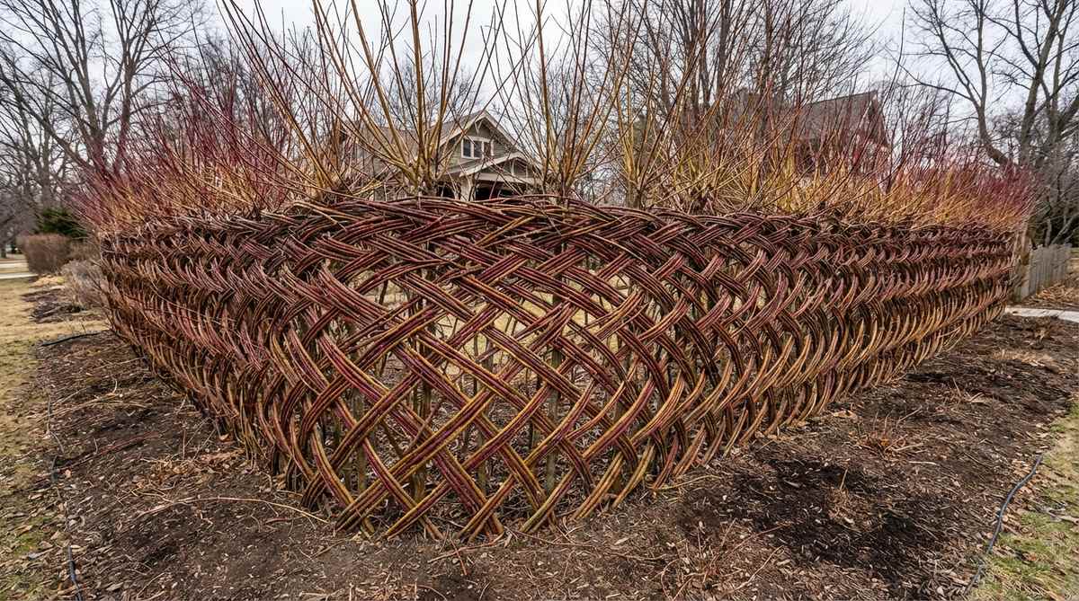 A living willow fedge woven from willow branches creating an organic, self-sustaining garden fence boundary. The willow branches are rooted and growing, showing the unique woven pattern that strengthens over time with established root systems. The fence provides privacy screening with dense branching and displays golden or red bark colors during winter dormancy.