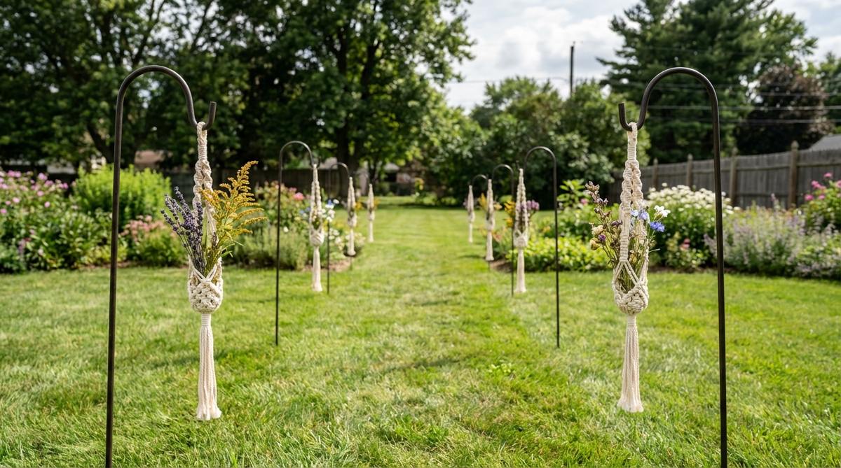 Small macrame pieces hanging from shepherd's hooks along a wedding ceremony aisle, with wildflower stems tucked into the knotwork for subtle color. This boho decoration defines the aisle without chairs or structures, remaining visible in photos without blocking guest views.
