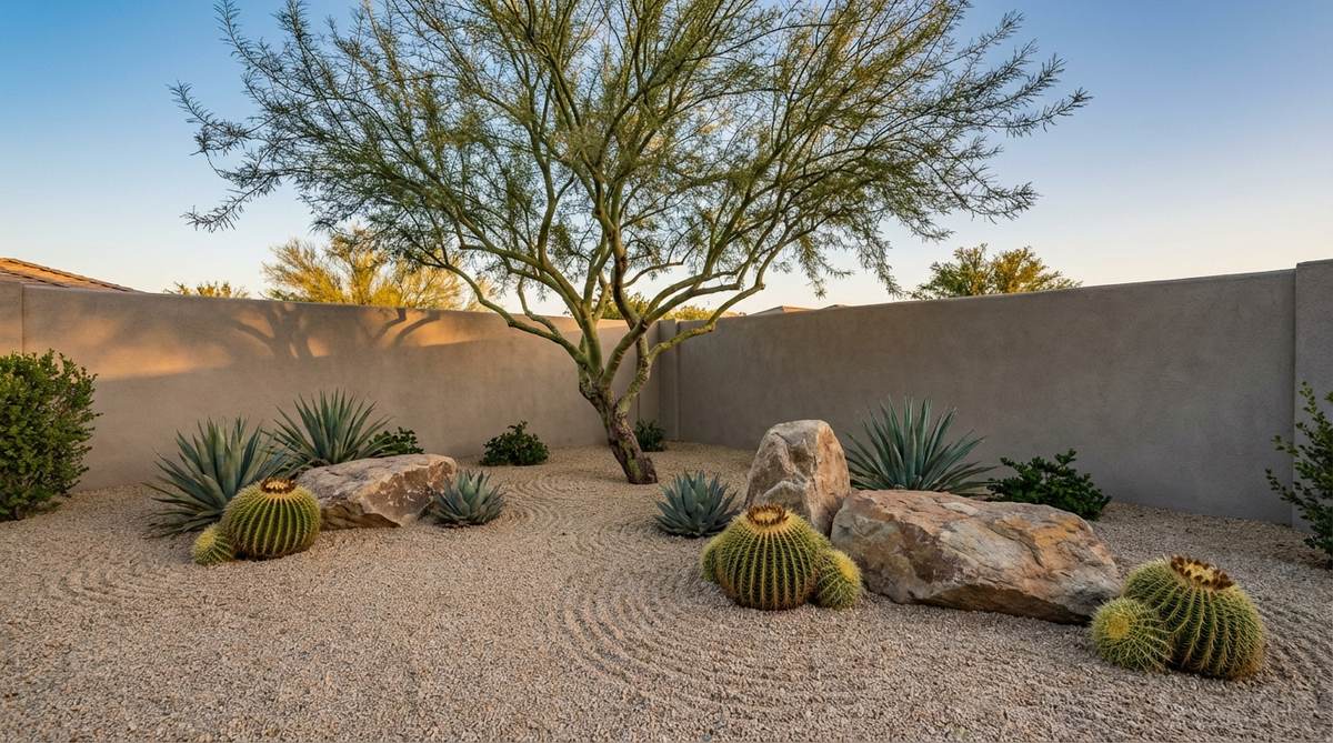 A minimalist desert-style Zen garden bed featuring a gravel base with sculptural cacti and succulents, bold rocks, and a single tree. This low-water, drought-adapted design creates visual breathing room with neutral colors and sparse, intentional planting suitable for arid climates or busy homeowners.
