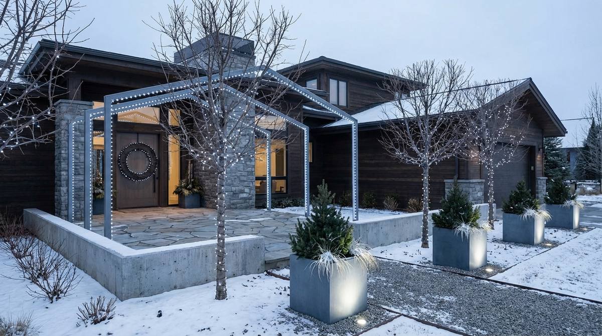 A sophisticated minimalist outdoor Christmas decor featuring a monochrome color scheme with cool white LED lights. The design emphasizes architectural form over decorative excess, creating a cohesive and contemporary holiday display that maintains festive recognition while allowing the home's architecture to remain the primary focus.