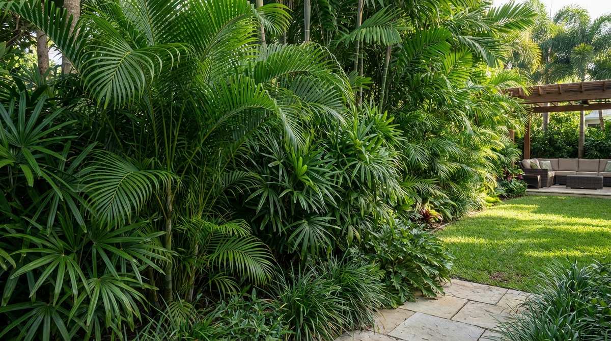 A lush mixed palm hedge featuring areca, lady, and bamboo palms, creating a natural boundary with varied heights and textures in a tropical garden setting.